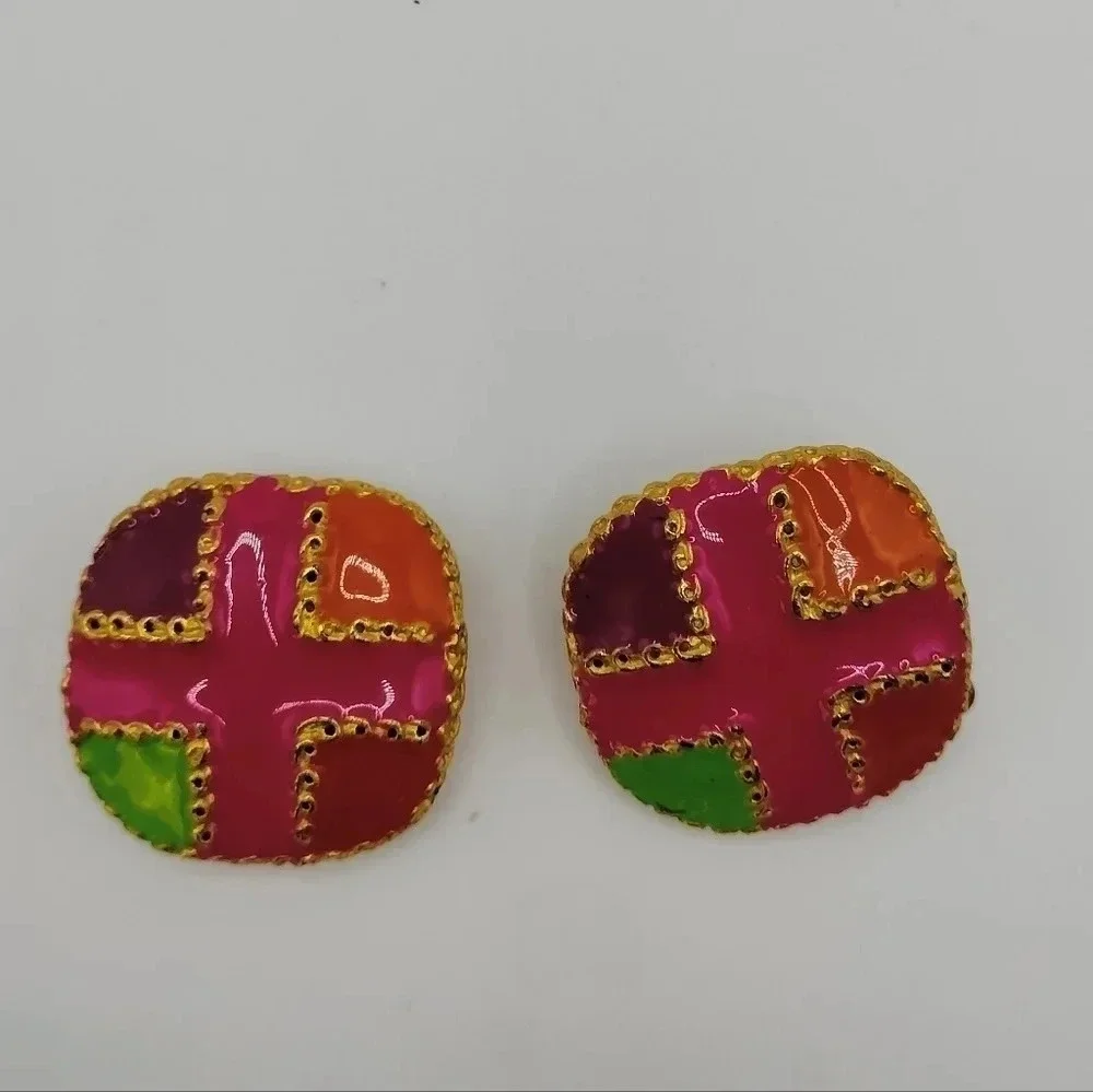 Gold Tone Fashion Multicolored Enamel Patchwork Abstract Art Pattern Earrings 1